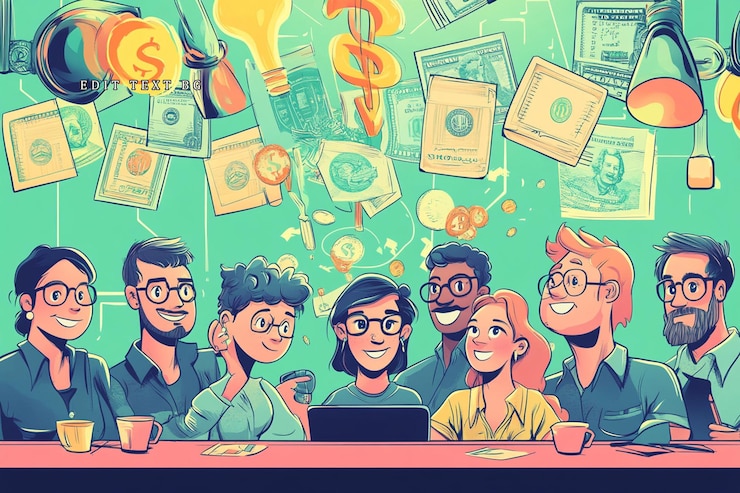 PSD un equipo diverso discutiendo ideas financieras rodeado de dinero y símbolos innovadores