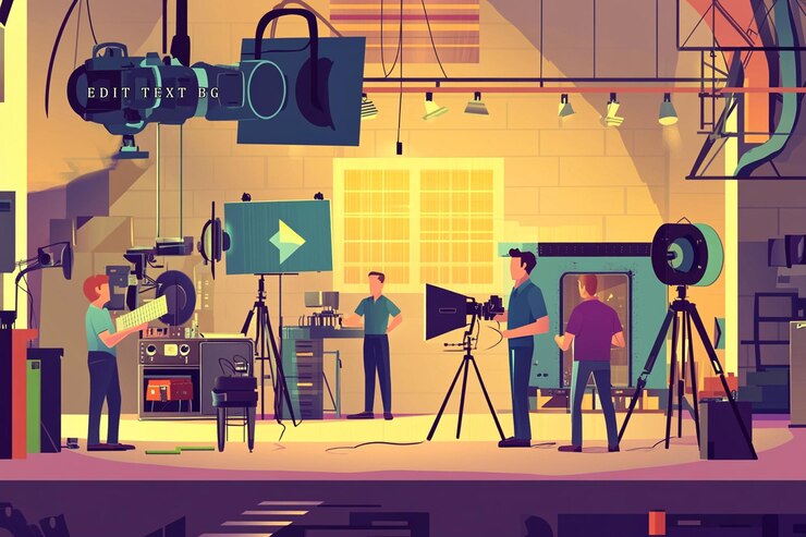 PSD un equipo de filmación trabajando en un estudio preparándose para un rodaje
