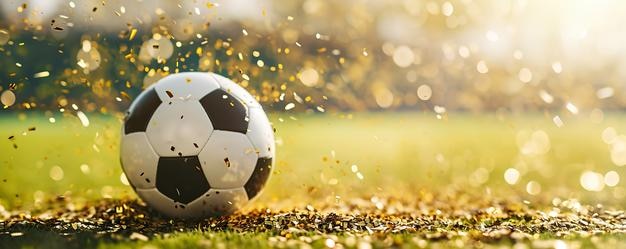 El equipo ganador del partido de fútbol en el campo con confeti dorado