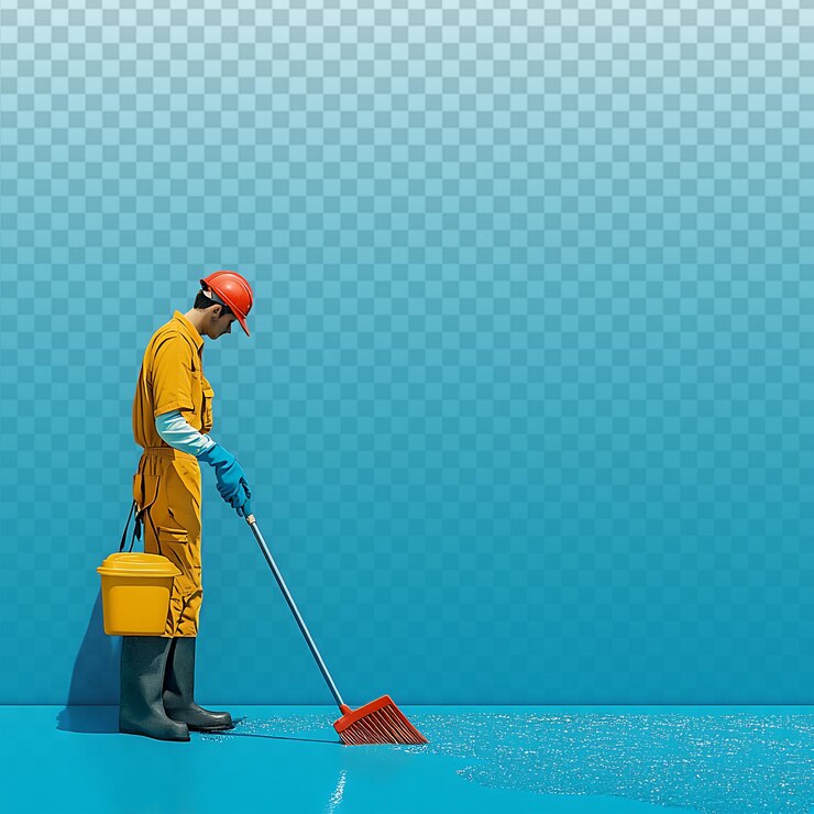 PSD equipo de limpieza profesional en un fondo azul brillante