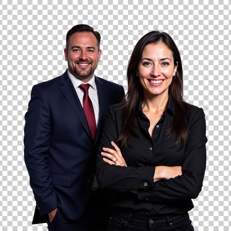 PSD equipo de negocios confiado con un hombre y una mujer sonrientes en vestimenta formal sobre un fondo transparente