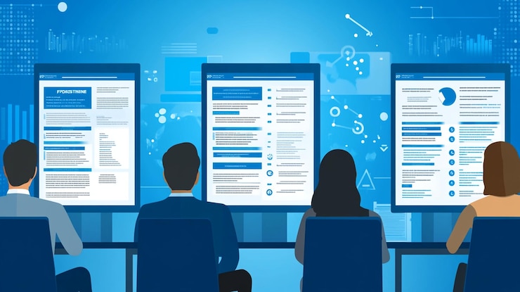 PSD equipo que revisa los datos sobre las pantallas digitales