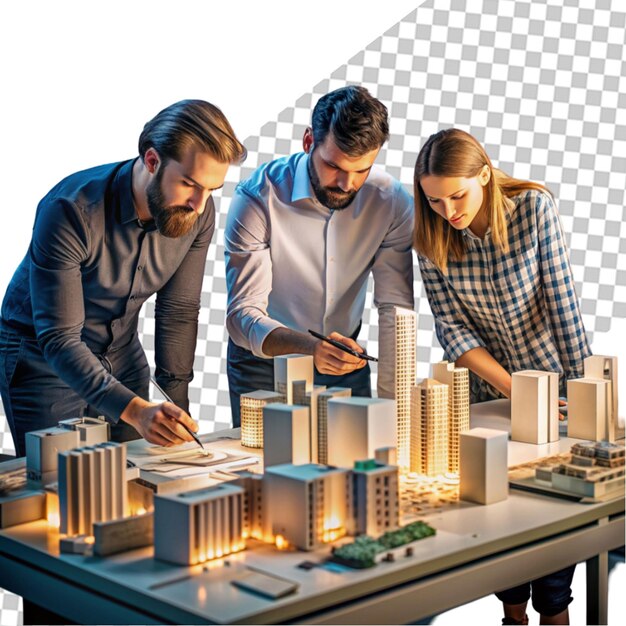 Un equipo revisando un modelo arquitectónico 3D antes de comenzar la construcción en el sitio