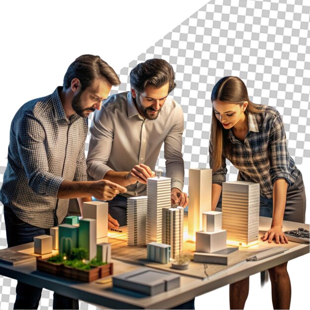 Un equipo revisando un modelo arquitectónico 3D antes de comenzar la construcción en el sitio