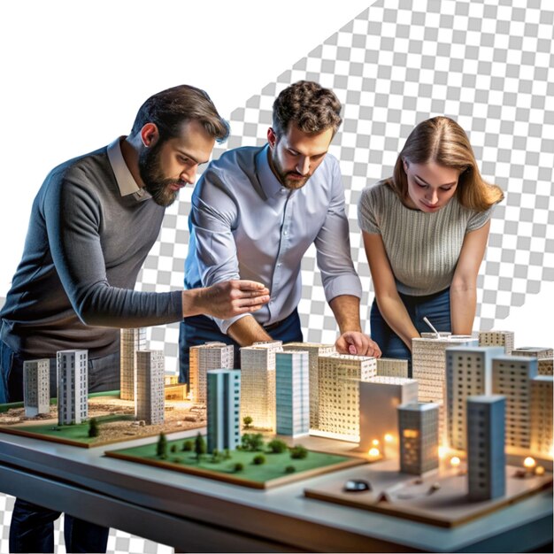 Un equipo revisando un modelo arquitectónico 3D antes de comenzar la construcción en el sitio