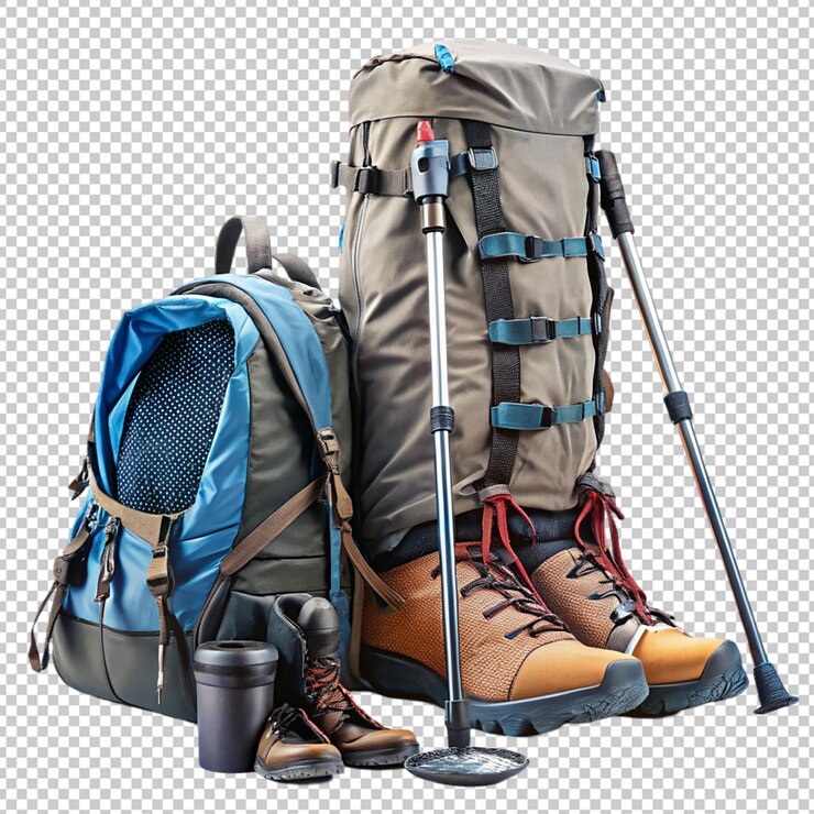 PSD equipo de senderismo botas de mochila postes y zapatillas sobre un fondo transparente