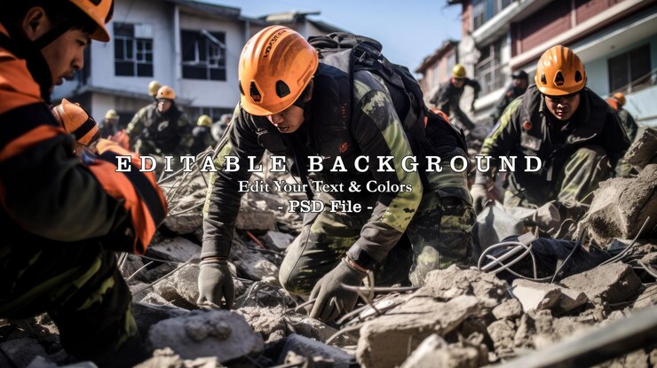 PSD los equipos de rescate están en el sitio del edificio derrumbado. imagen generada por ia.