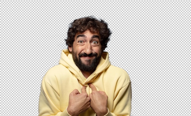 Er fühlt sich glücklich, überrascht und stolz und zeigt mit einem aufgeregten, erstaunten Blick auf sich selbst.