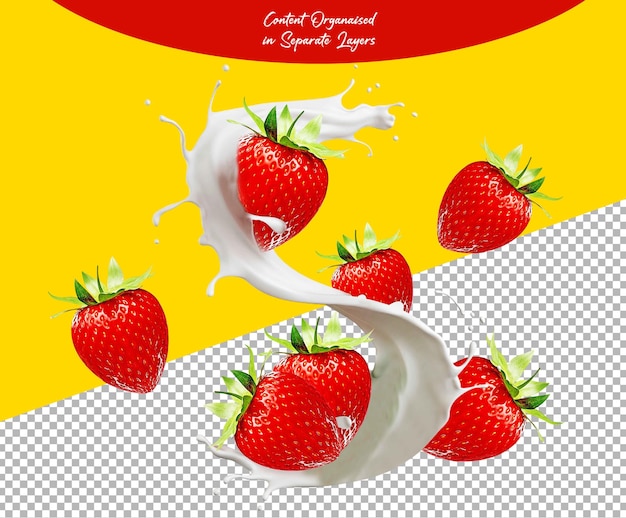 Erdbeere mit isolierten Splashes auf durchsichtigem Hintergrund