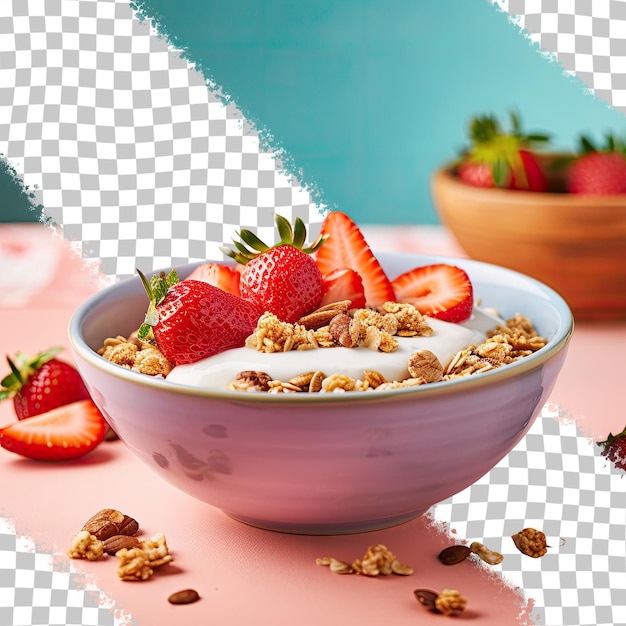 Erdbeeren- und müsli-joghurt in einer schüssel mit durchsichtigem hintergrund