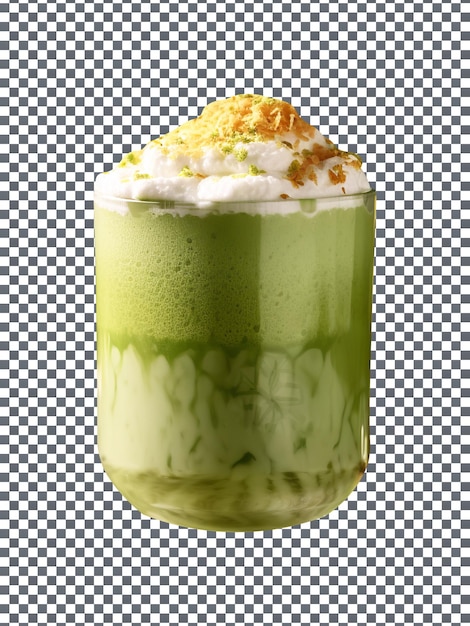 PSD erfrischendes matcha-latte-glas aus kokosnuss auf durchsichtigem hintergrund