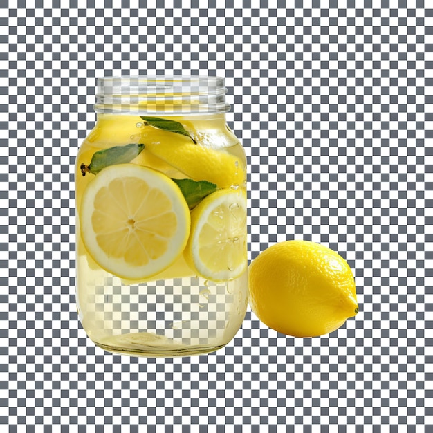 Erfrischendes Wasser mit Zitronenscheiben in einem Glas auf transparentem Hintergrund