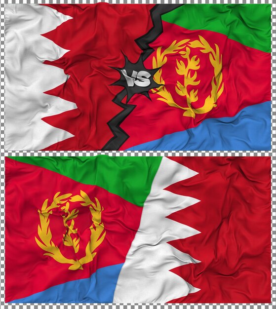 Eritrea gegen Bahrain Halbkombinierte Flagge Stoff-Bump-Textur 3D-Rendering