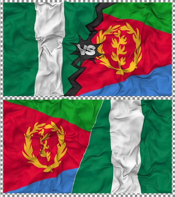 Eritrea gegen Nigeria Halbkombinierte Flagge Stoff-Bump-Textur 3D-Rendering