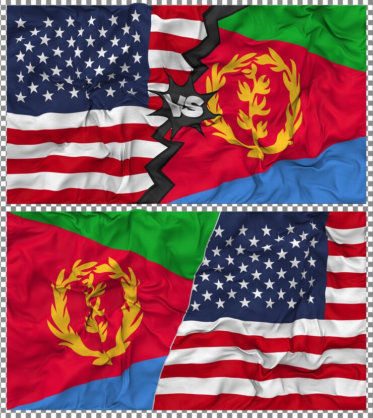 PSD eritrea vs estados unidos bandera mitad combinada tela textura de golpe relación bilateral renderización en 3d