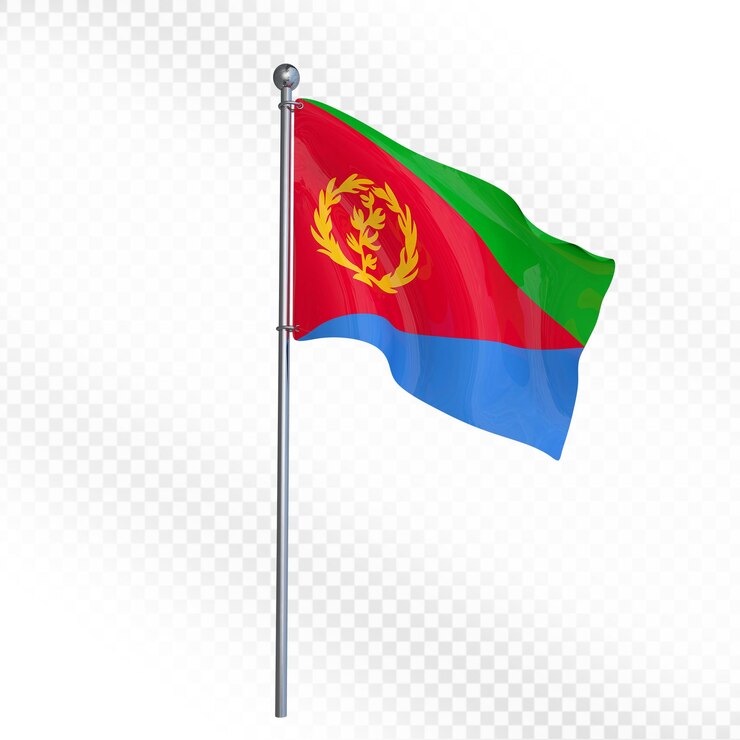 PSD eritreische flagge auf einem pfahl, die im wind weht