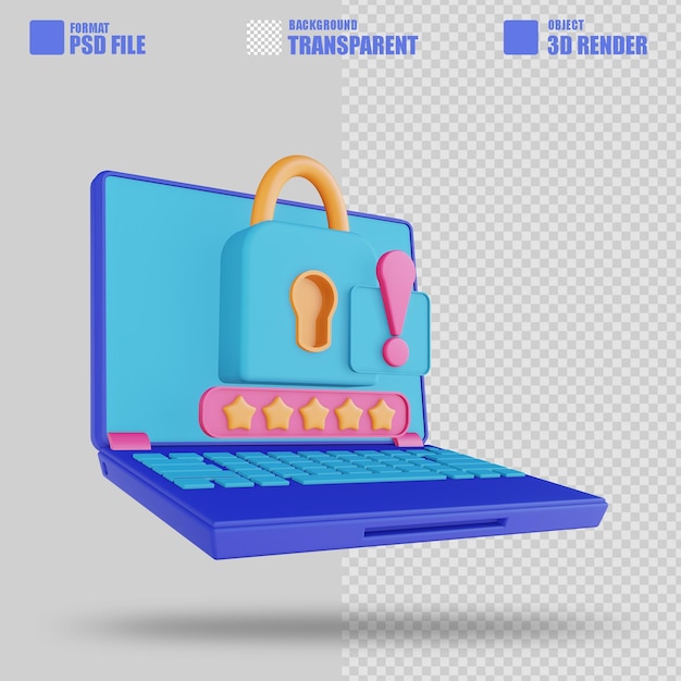 PSD error de seguridad del portátil de ilustración 3d