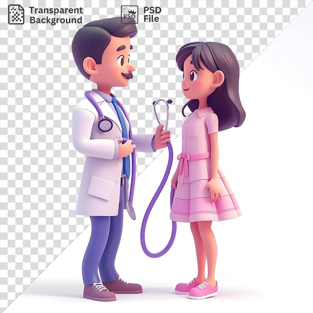 PSD erstaunlicher 3d-doktor-cartoon, der einen patienten in einem rosa kleid mit einer puppe und schwarzen haaren im hintergrund untersucht, während eine hand und ein ohr im vordergrund sichtbar sind