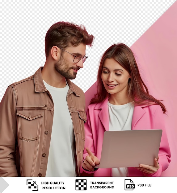 erstaunlicher mann zeigt auf den laptop und schaut auf die frau, die darauf geziert png psd