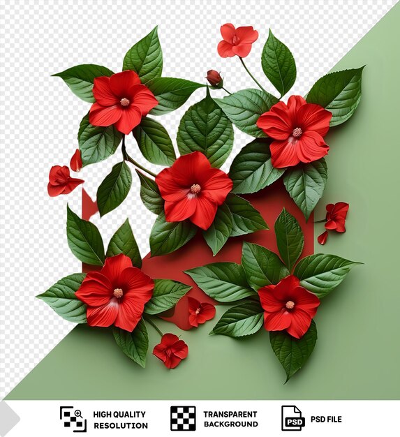 Erstaunliches kreatives layout aus grünen blättern und roten blumen minimale natur frühlingsblumenkonzept png psd