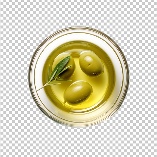 PSD erstellen sie ein hochwertiges makro-olivenöl in einer glasschüssel mit 2 grünen oliven auf weißem hintergrund