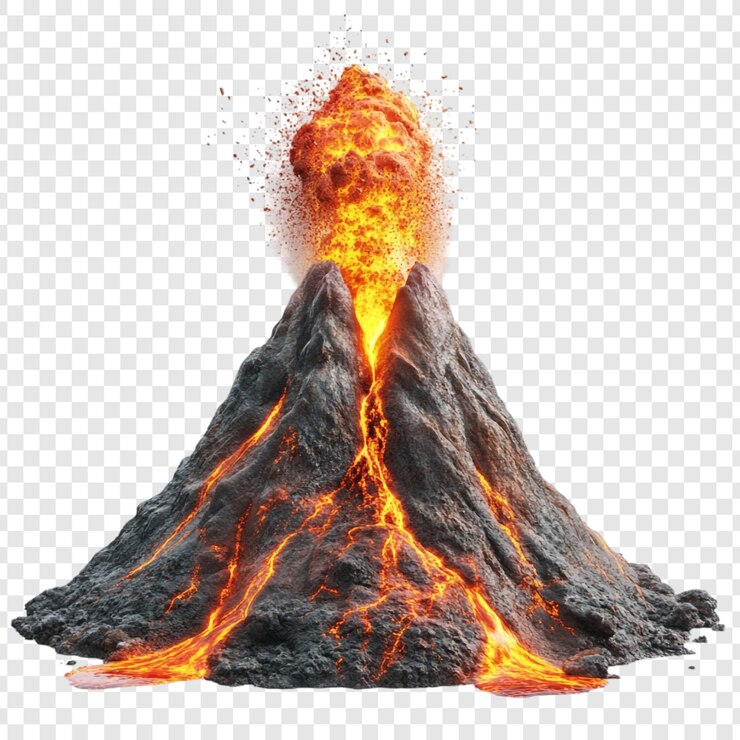 PSD erupción de un volcán ardiente que arroja lava y ceniza
