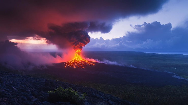 PSD erupción volcánica ardiente al atardecer nubes oscuras y flujo de lava