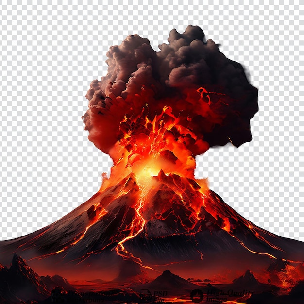 Erupción volcánica con lava aislada en un fondo transparente