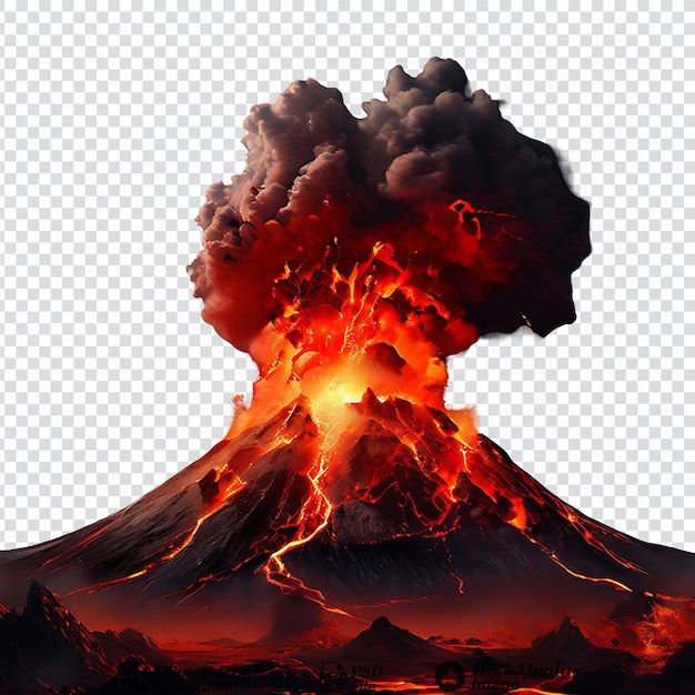 PSD Éruption volcanique avec de la lave isolée sur un fond transparent