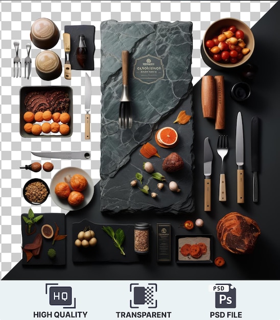 PSD es un juego de cocina gourmet español transparente con una variedad de alimentos y utensilios en una mesa negra. el juego incluye un cuchillo de plata, un tenedor de plata y una cuchara de plata.