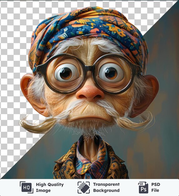 Este es un personaje de dibujos animados de indonesia llamado joko con gafas y un turbante el personaje tiene una cabeza azul una nariz rosa y naranja y un cuello azul el