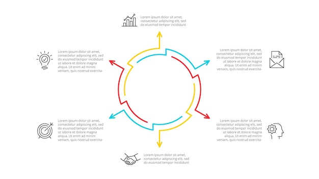 PSD esboçar diagramas de ciclo infográfico com 6 etapas ou processos de opções