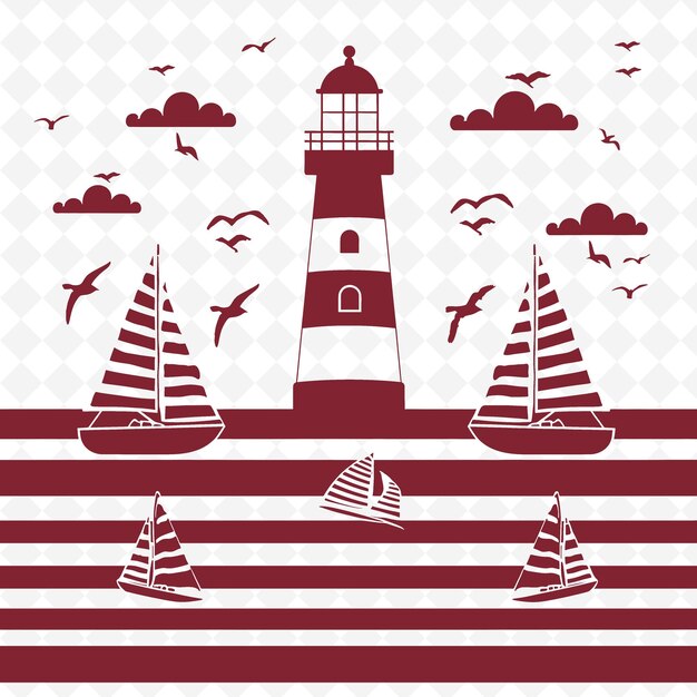 PSD esboço de farol costeiro com padrão de listras e ilustração de barcos motivos de decoração colecção