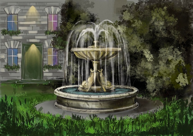 Esbozo dibujado a mano de la fuente en el jardín