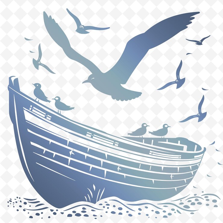 PSD esbozo del puerto con diseño de barcos y símbolos de gaviota para la colección de motivos de decoración de ilustraciones