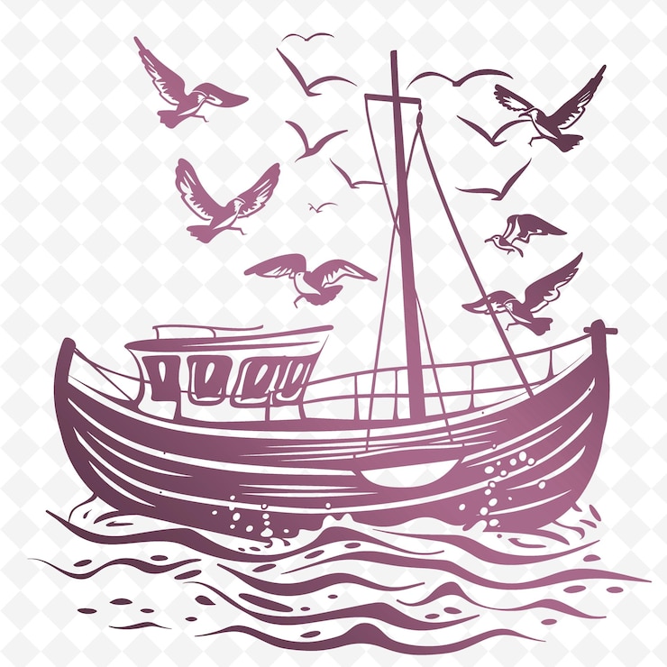 PSD esbozo del puerto con diseño de barcos y símbolos de gaviota para la colección de motivos de decoración de ilustraciones