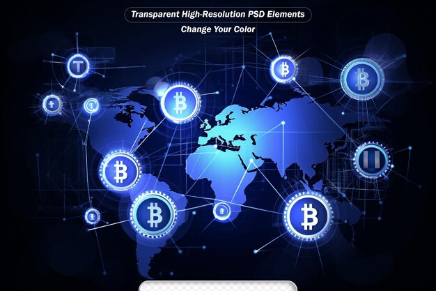 PSD esbozo de la red bitcoin con un gran letrero de bitcoin dentro de un hud frente a un mapa del mundo