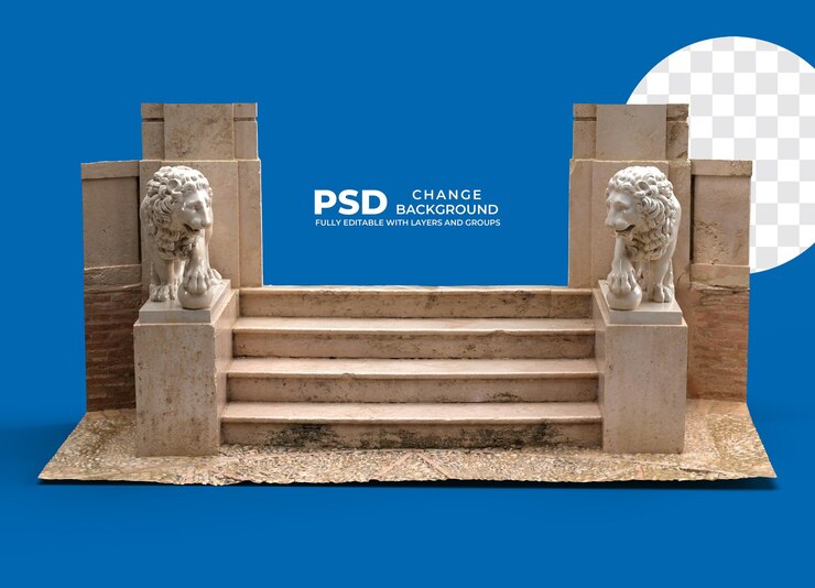 PSD escada de mármore com estátuas de leões de estilo grego na entrada