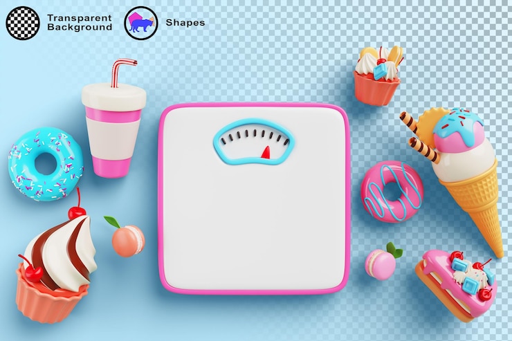 PSD escala 3d y comida dulce en fondo azul vista superior dieta no saludable y problema de sobrepeso snacks de azúcar chatarra pasteles helados pasteles gaseosos bebidas gaseosas concepto de exceso de peso u obesidad