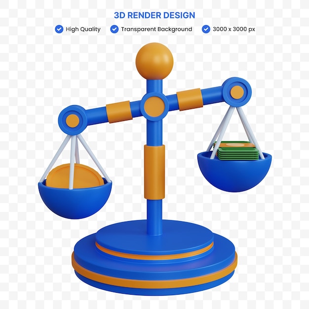 Escala de equilíbrio de renderização 3d com moedas e notas isoladas