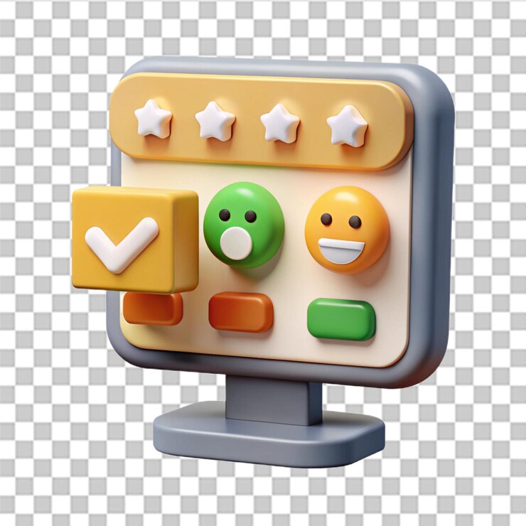 PSD escala de emociones de retroalimentación 3d en la computadora revisiones con calificación buena y mala retroalimentación en forma de emociones revisiones de clientes excelente bueno normal malo terrible vector moderno en estilo 3d