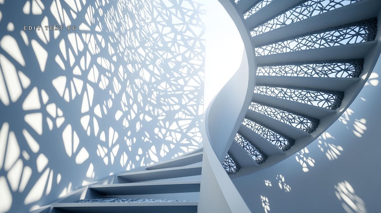 PSD escala en espiral blanca moderna con pared con patrones geométricos y luz solar