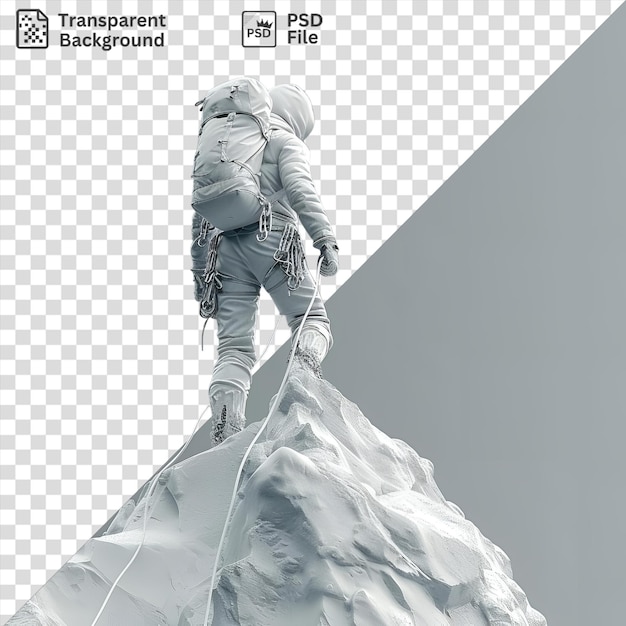 PSD un escalador de montaña 3d transparente alcanzando la cumbre contra un cielo gris y blanco con pantalones blancos