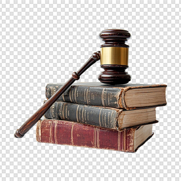 Escalas de maçaneta de justiça e livros de direito isolados em um fundo transparente