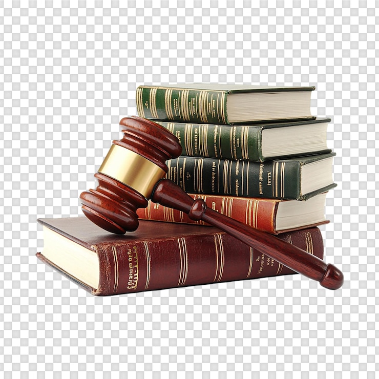 PSD las escalas del martillo de la justicia y los libros de derecho aislados en un fondo transparente
