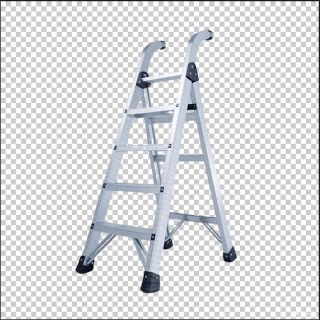 Escalera con cuatro escalones de pie en posición vertical sobre un fondo blanco plano