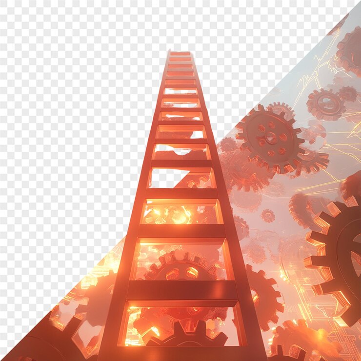 PSD una escalera está de pie en un fondo blanco con una imagen de engranajes y engrenajes