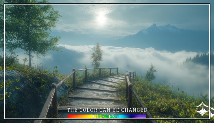 PSD un escalier en bois sinueux mène au sommet d'une montagne où les nuages tourbillonnent et où le soleil brille.