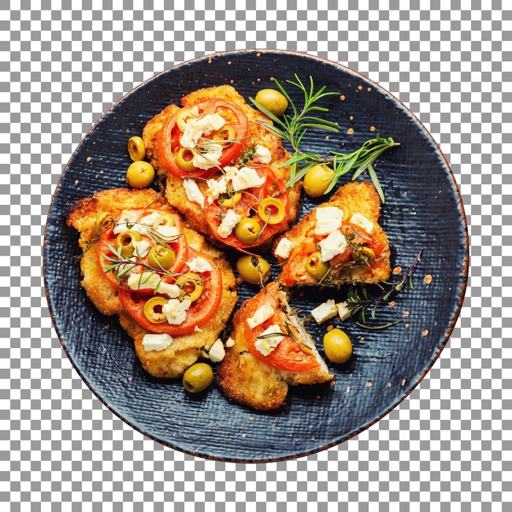 PSD escalope savoureuse aux olives et tomates sur fond transparent