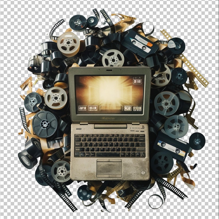 PSD escanear viejas películas de 16 mm y vhs con una computadora portátil aislada sobre el fondo blanco